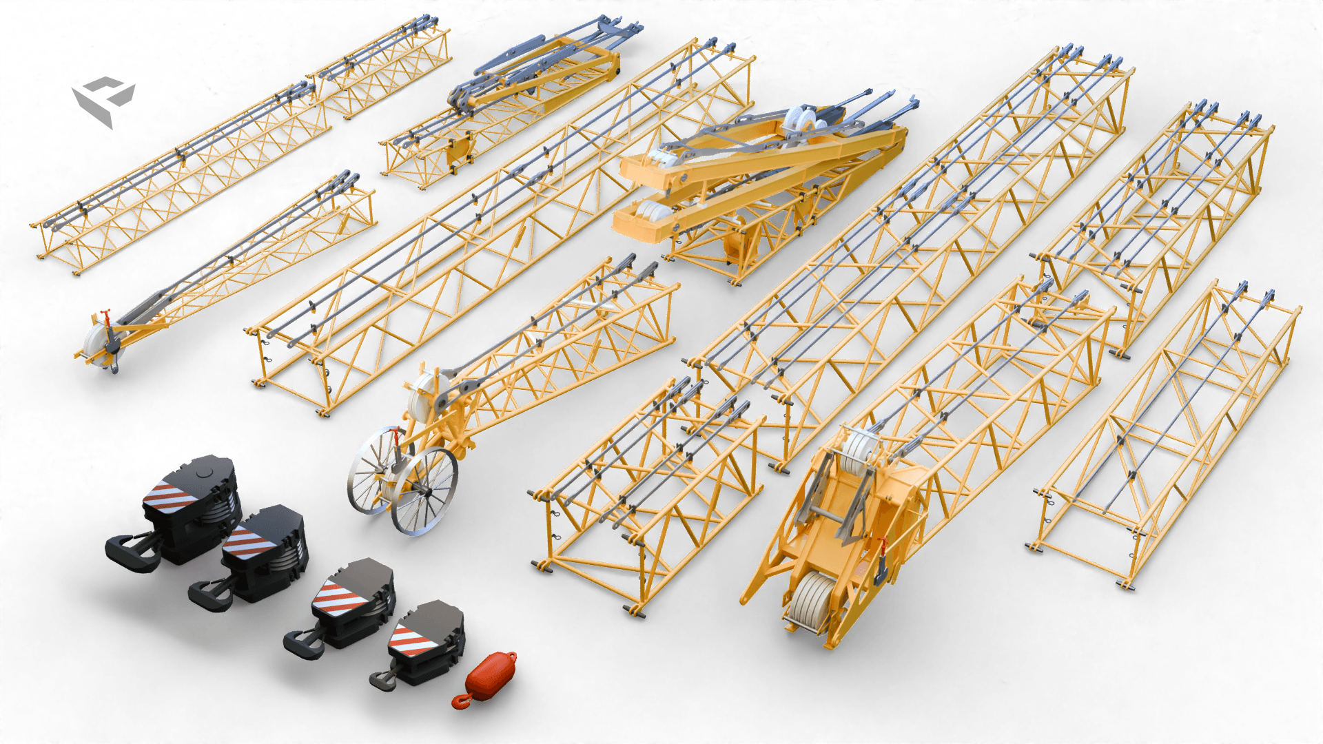 3D Model Liebherr LR 1110 hydraulic lift crane boom, luffing jib, fixed jib and hooks